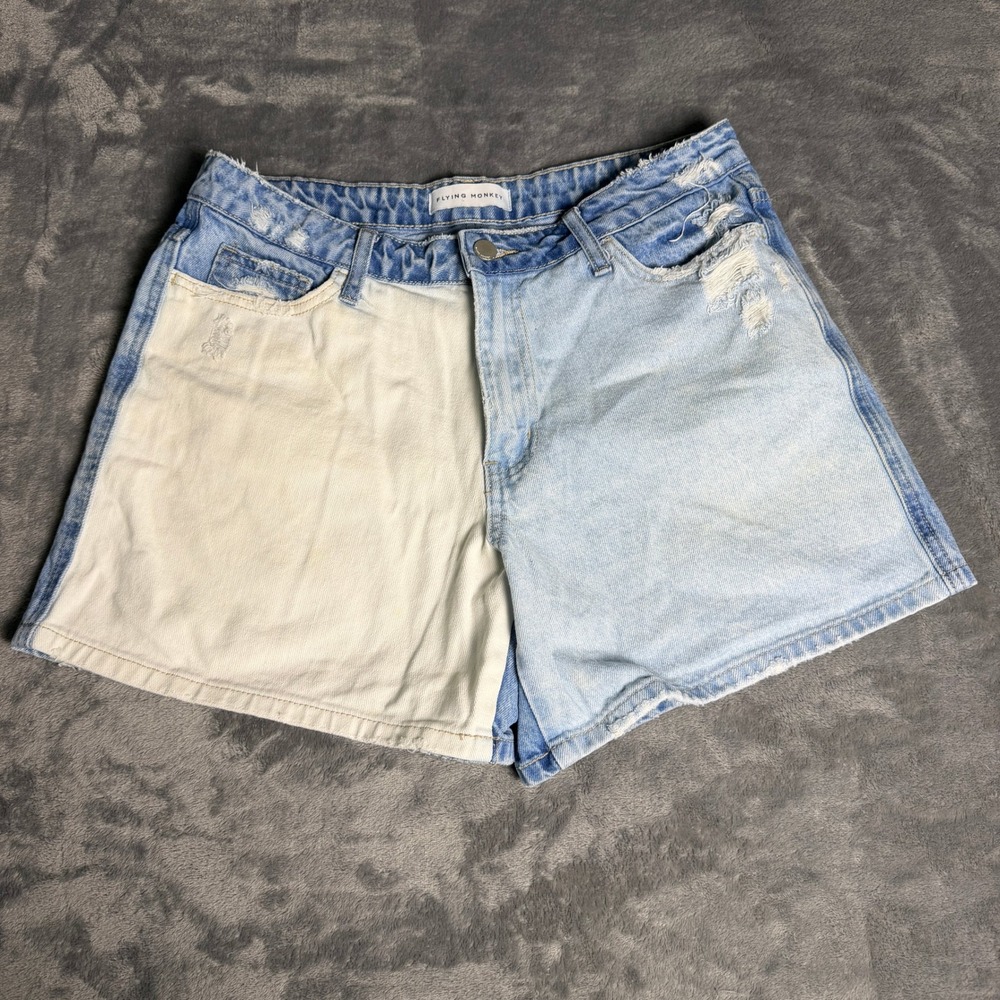Flying‎ Monkey Wms SZ 29 High Rise Tri-Tone Colorblock Distressed Denim Shorts